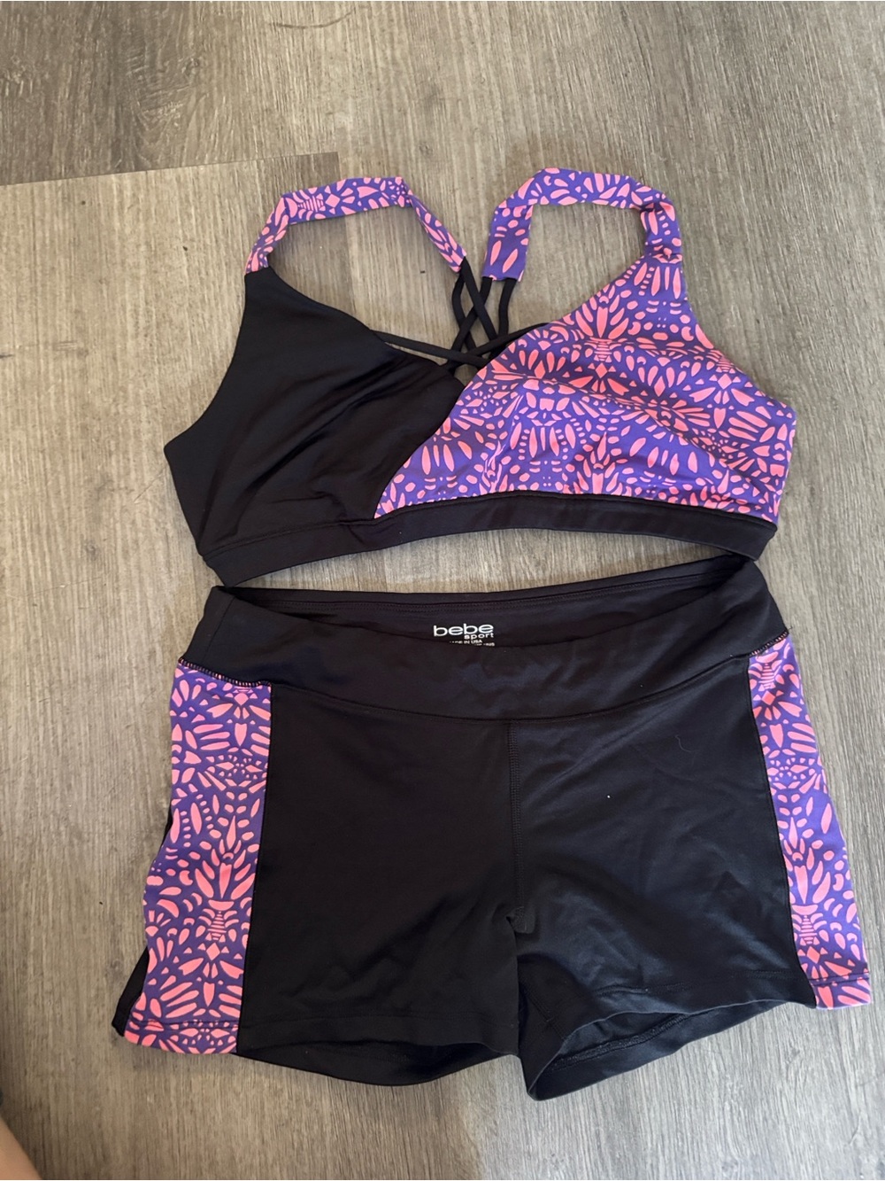 bebe Black athletic Set with Purple & Pink Patterned Accents